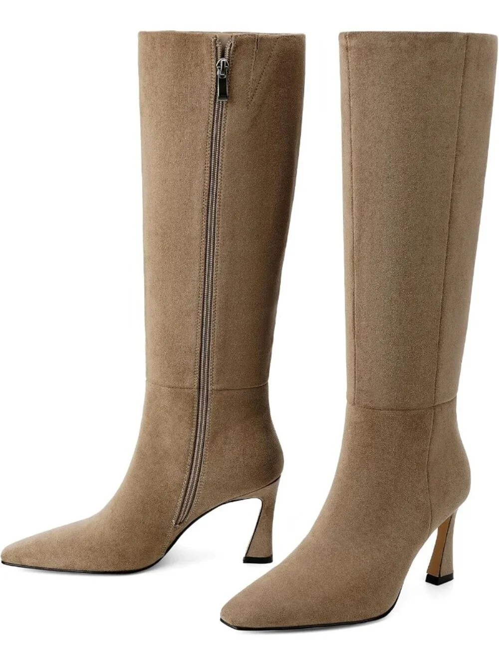 Women's Camel Faux Suede Square Toe Side Zipper Fashion Heeled Tall Boots